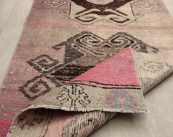 Vintage Turkish Oushak Runner Rug: Pink Brown Antique Hallway Rug (3x13 Ft, Hallway Runner, Antique Runner, Wool Runner,Faded Runner, Runner