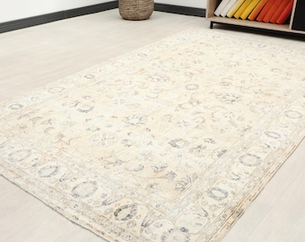 Vintage Turkish Oushak Rug: Beige & Blue Anatolian Area Rug 7x11 ft, Kitchen Rug, Handmade Area Rug, Living Room Rug, Oversize Rug,Floor Rug