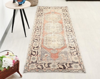 3'1x9 ft, Red Brown Beige Handmade Runner, Vintage Turkish Runner Anatolian Kitchen Rug, Hallway Runner, Antique Runner, Wool Runner, Faded