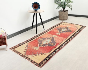 4x10 Red Colorful Vintage Turkish Runner Rug, Oushak Hallway Rug, Hallway Runner, Antique Runner, Wool Runner, Faded Runner, Handmade Runner