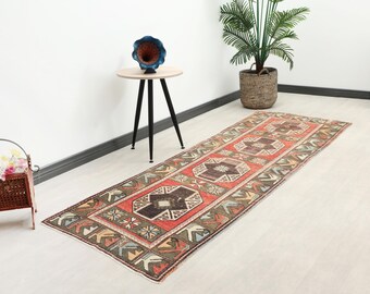 3x10 Red Green Runner, Vintage Turkish Runner Rug: Bohemian Oushak Style, Hallway Runner, Antique Runner, Wool Runner, Faded Runner, Runner