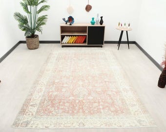 7x10 ft Turkish vintage area rug | aged red ornate floral wool living room carpet | distressed traditional decor