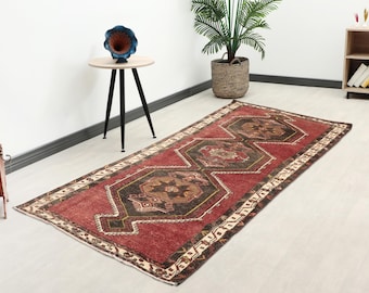 4x10 Vintage Turkish Runner Rug: Oushak Hallway Rug, Hallway Runner, Antique Runner, Wool Runner, Faded Runner, Long Home Decor, Red Runner