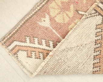 Handmade Wool Turkish Runner Rug: Red Beige Oushak Vintage Style (1.4x2.5 Ft, Handmade Rug, Wool Rug,Patchwork Rug,Anatolian Rug,Vintage Rug