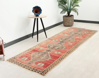 4x11 Red Brown Handmade Runner, Faded Turkish Wool Runner Rug, ft Vintage Oushak, Hallway Runner, Antique Runner, Wool Runner, Faded Runner