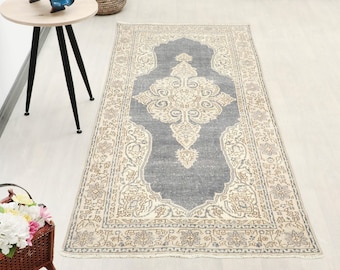 Faded Blue Gray Medallion Turkish Rug — 4x7 ft Area | Distressed Wool Vintage Living Room Decor | Bohemian Farmhouse
