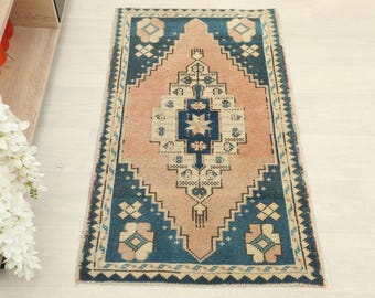 2x3 Ft Orange Blue Brown Turkish Small Rug, Red Handmade Vintage Rug, Oushak Small Rug, Bathroom, Entryway Mat, Small Home Decor, Floor Rug
