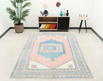 6x8 Ft Pink Blue Vintage Turkish Oushak Rug  Living Room Decor, Kitchen Rug, Handmade Area Rug, Living Room Rug, Gift For Here, Floor Rug