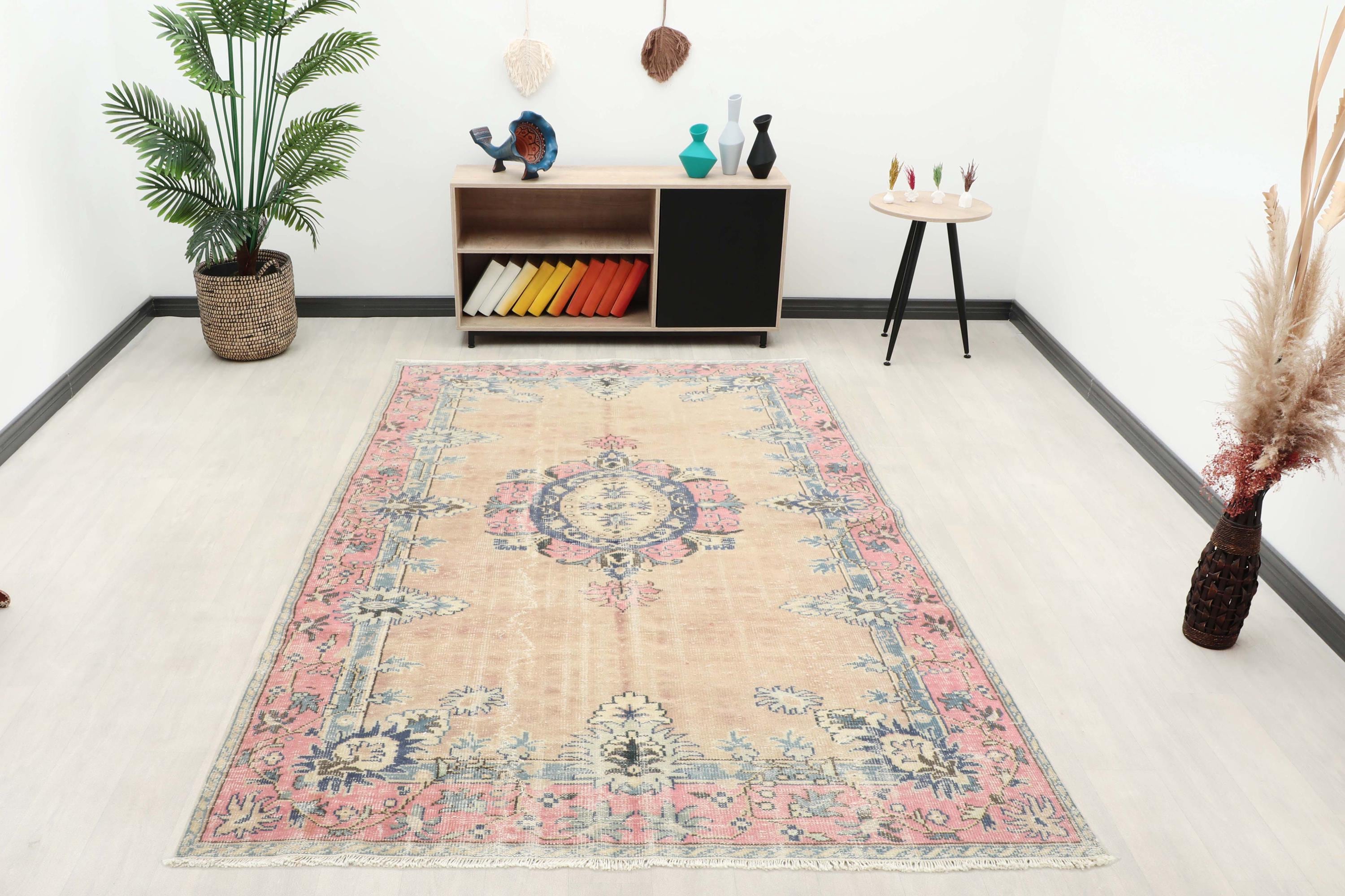 Faded Pink Tribal Turkish Rug — 7x9 Ft Area Rug | Muted Blue