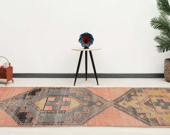 3x15 ft Turkish vintage runner rug | faded terracotta geometric hand-knotted wool hallway | distressed tribal bohemian decor