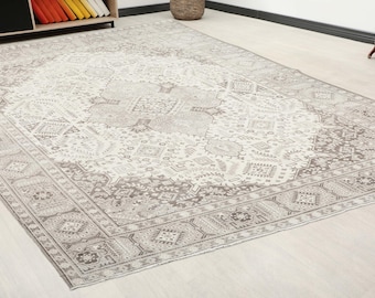10x12 ft Anatolian oushak area rug | muted beige geometric medallion wool living room carpet | vintage traditional decor