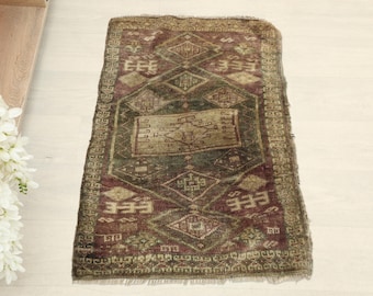 2x3 Brown Green Turkish Small Rug, 2x3 Yellow Handmade Vintage Rug, Oushak Small Rug, Kitchen, Bathroom, Entryway Mat, Small Home Decor