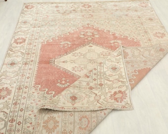 5x7 Ft Red Beige Brown Handwoven Wool Turkish Rug, Vintage Bohemian Decor, Kitchen Rug, Handmade Area Rug, Living Room Rug, Boho Decor Rug