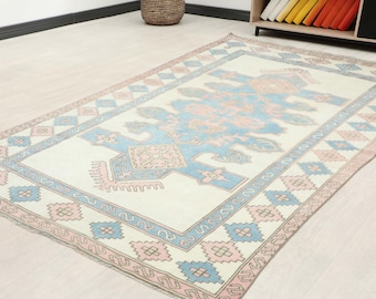 Soft Blue & Pink Geometric Turkish Area Rug 6x9 ft | Vintage Wool Medallion Bedroom Living Room Decor | Pastel Bohemian