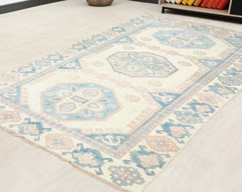 5x7 Ft Brown Blue Handwoven Wool Turkish Rug, Vintage Bohemian Decor, Kitchen Rug, Handmade Area Rug, Living Room Rug, Boho Decor Rug