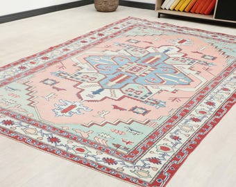 6x10 ft Turkish vintage area rug | vibrant red and beige geometric wool living room carpet | traditional tribal home decor