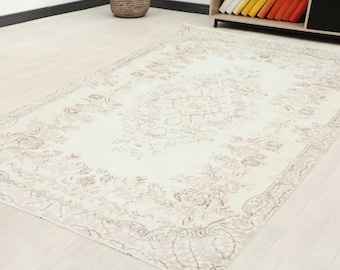 Neutral Rug | Vintage Wool | Beige Brown Rug | Geometric Rug | Oushak Style | Living Room | Bedroom Rug | Beige Rug | Oushak Rug | 5x9 Ft