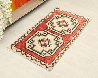 2x3 Red Turkish Small Rug, 2x3 Black Handmade Vintage Rug, Oushak Small Rug, Kitchen, Bathroom, Entryway Mat, Small Home Decor, Floor Rug