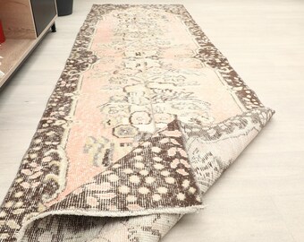 Vintage Turkish Anatolian Runner Rug 3x9 Pink Brown Faded Wool Hallway Kitchen Decor, Handcrafted Faded Muted Color Rug