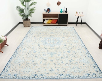 Beige Blue Vintage Rug 10x13 ft Hand Knotted Wool Rug, Soft Pile Faded Rug, Muted Rug, Floral Rug,Living Room Rug