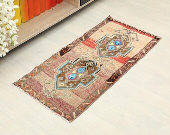 Vintage Turkish Wool Mini Rug: Beige Oushak Door Mat (1x3 ft), Bohemian Mats, Kids Rug, Kilim Doormat, Home Doormat, Small Kilim
