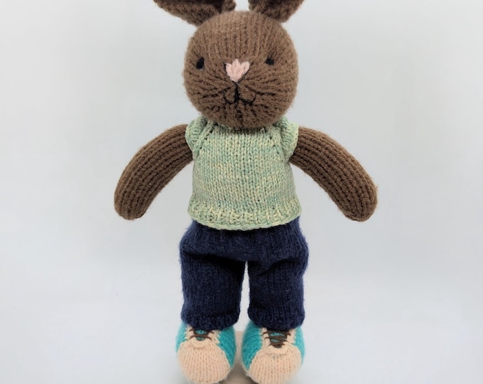 Brown Boy Bunny in Green Top with Blue Pants.