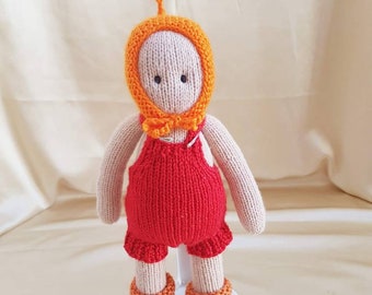 Waldorf-inspired Doll in Red Rompers with Cardigan, Bonnet and Booties