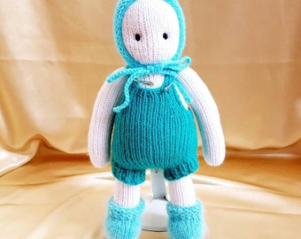 Waldorf-inspired Doll in Blue Rompers with a Cardigan, Bonnet and Booties