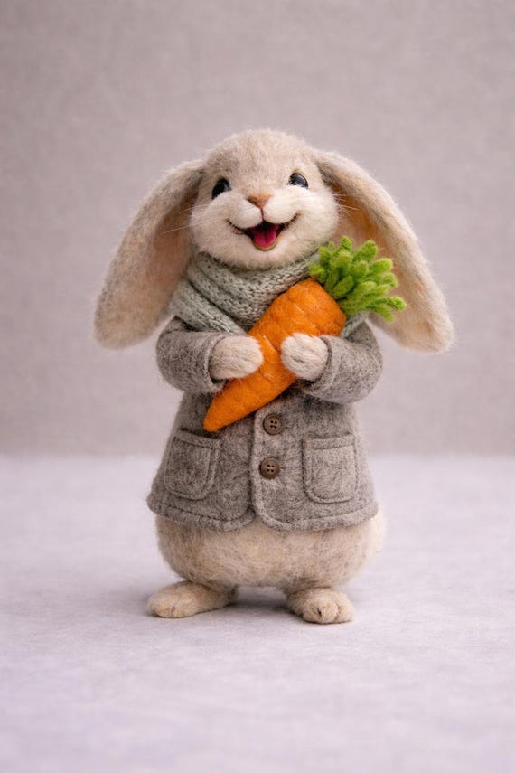Needle Felted Bunny with Carrot, Handmade Wool Rabbit Cute, Spring Gift Nursery Decor, Easter Gift, Happy Easter Day, Handmade Bunny Nursery