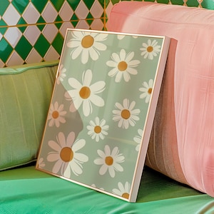 Poster vintage con margherite Arte murale floreale retrò in stile boho Arte murale verde salvia Illustrazione floreale Poster primaverile Vintage floreale
