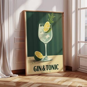 Lámina artística Gin Tonic | Póster de cóctel con decoración de carrito de bar | Letrero de bebida con firma de fiesta | Muro de moda | Minimalista, elegante