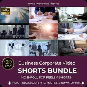 May include: A digital collection of business corporate video clips featuring office scenes, professional meetings, skyscrapers, and architectural staircases. The bundle includes 120 high-definition video files for use in social media reels and shorts.