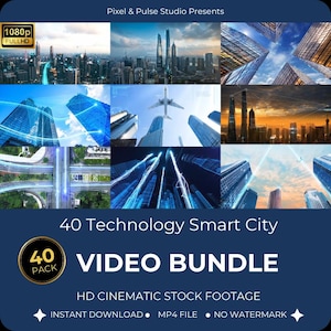 Puede incluir: Una imagen promocional para un paquete de videos con temas de paisajes urbanos y tecnología. La imagen incluye una cuadrícula de escenas de la ciudad, un título del paquete de videos y el texto "HD Cinematic Stock Footage". La imagen también incluye el texto "Instant Download, MP4 File, No Watermark".