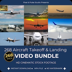 Könnte beinhalten: Eine Collage von Flugzeugbildern, einschließlich Starts und Landungen, mit dem Text "268 Aircraft Takeoff & Landing VIDEO BUNDLE." Das Videopaket wird als HD-Kinofilmmaterial bezeichnet, das sofort als MP4-Datei heruntergeladen werden kann und kein Wasserzeichen hat.