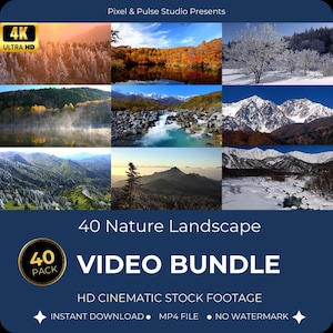 May include: A video bundle showcasing 40 nature landscape scenes in 4K Ultra HD. The image displays diverse scenic views, including forests, mountains, and water bodies. The text on the image reads "VIDEO BUNDLE" and "HD CINEMATIC STOCK FOOTAGE."