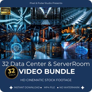 May include: A promotional image for a video bundle. The image features multiple views of data centres and server rooms, with blue and orange lighting. Text includes "32 Data Center & Server Room VIDEO BUNDLE" and "HD CINEMATIC STOCK FOOTAGE".
