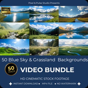 Pode incluir: Imagem promocional com nove cenas de paisagens com céus azuis, montanhas e água. O texto inclui "50 Blue Sky & Grassland Backgrounds" e "VIDEO BUNDLE". As imagens são rotuladas como "1080p FULLHD".