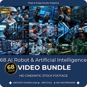 Może przedstawiać: Cyfrowy kolaż przedstawiający roboty AI w futurystycznych środowiskach. Obraz zawiera tekst "68 AI Robot & Artificial Intelligence VIDEO BUNDLE" i "HD CINEMATIC STOCK FOOTAGE". Pakiet wideo jest dostępny do natychmiastowego pobrania.
