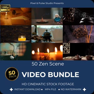 May include: A promotional image for a video bundle titled "50 Zen Scene." The image features various zen-themed elements, including candles, incense, a teapot, and a small Buddha statue. The text on the image includes "HD Cinematic Stock Footage" and "Instant Download."