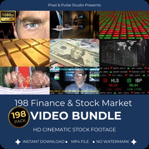 Op de afbeelding: Een promotieafbeelding voor een videobundel. De afbeelding bevat stockmateriaal met betrekking tot financiën en de aandelenmarkt. Het bevat afbeeldingen van goudstaven, contant geld en beursgegevens. Tekst op de afbeelding luidt "198 Finance & Stock Market VIDEO BUNDLE."