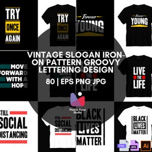 May include: Collection of black t-shirts with various white and yellow graphic designs. Designs include phrases like "Try Once Again", "Forever Young", "Live the Life", and "Black Lives Matter". Also includes a design with the text "Still Social Distancing".