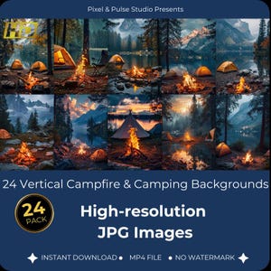 May include: A collection of 24 vertical camping and campfire backgrounds. The images show tents, campfires, and picturesque views of lakes and mountains. Text on the image reads "High-resolution JPG Images" and "Instant Download."