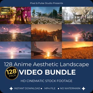 May include: A promotional image for a video bundle. The image features nine landscape scenes with vibrant colors and a variety of natural settings. Text on the image reads "128 Anime Aesthetic Landscape VIDEO BUNDLE" and "HD Cinematic Stock Footage."