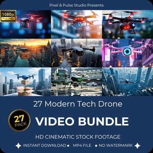 May include: A promotional image showcasing a video bundle of 27 modern tech drone videos. The image features various drones in flight, set against cityscapes and natural environments. Text includes "VIDEO BUNDLE" and "HD CINEMATIC STOCK FOOTAGE."