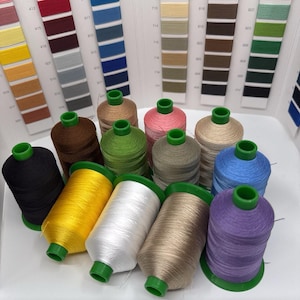 Puede incluir: Una colección de carretes de hilo de varios colores, incluyendo negro, amarillo, blanco y morado, con bases verdes. Las cartas de colores en el fondo muestran una amplia gama de tonos de hilo para proyectos de costura y manualidades.