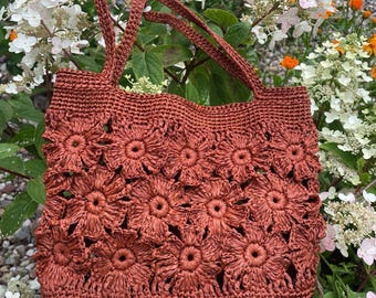 Handmade  Raffia bag in flower motives, super light handbag, summer handbag