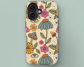 Whimsical Floral and Mushroom Phone Case For iPhone 16 15 14 13 12 11 Pro Max MagSafe Phone Case, Samsung Galaxy S25 S24 S23 S22 Phone Case