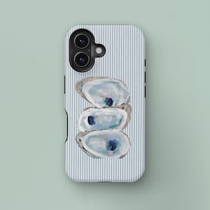 Nautische Streifen & Austern Kunst Handyhülle für iPhone 16 15 14 13 12 11 Pro Max MagSafe Handyhülle, Samsung Galaxy S25 S24 S23 S22 Handyhülle