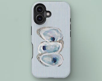 Nautical Stripes & Oyster Art Phone Case For iPhone 16 15 14 13 12 11 Pro Max MagSafe Phone Case, Samsung Galaxy S25 S24 S23 S22 Phone Case