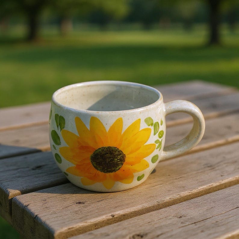 Pu&ograve; includere: Una tazza in ceramica con un design a girasole giallo. La tazza ha una base color crema con un grande girasole sul davanti e accenti di foglie verdi. La tazza &egrave; su una superficie di legno.